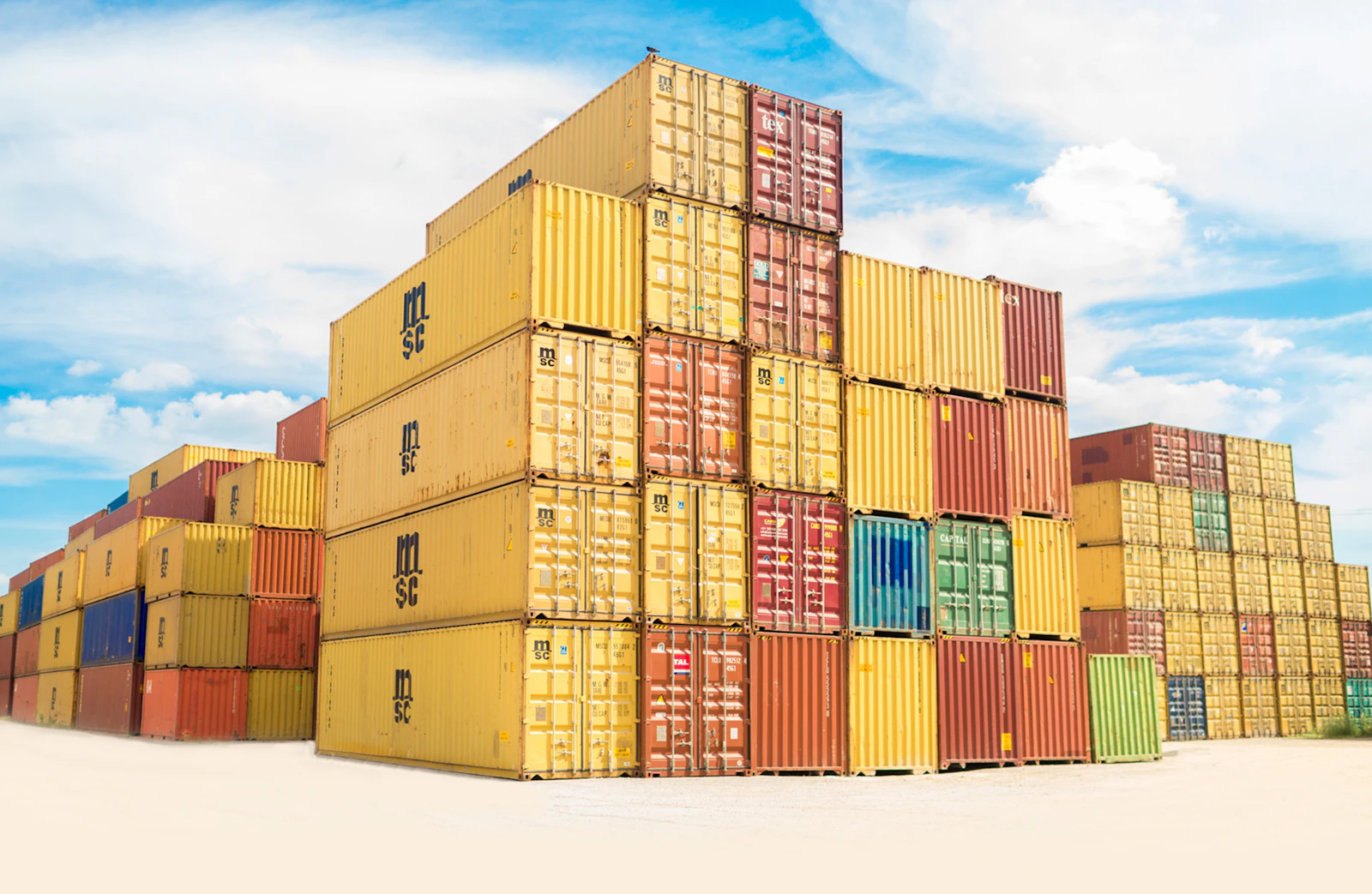 Stacked shipping containers at a freight terminal