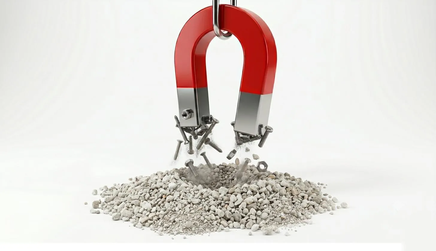 Magnetic separator lifting metallic contaminants from raw material